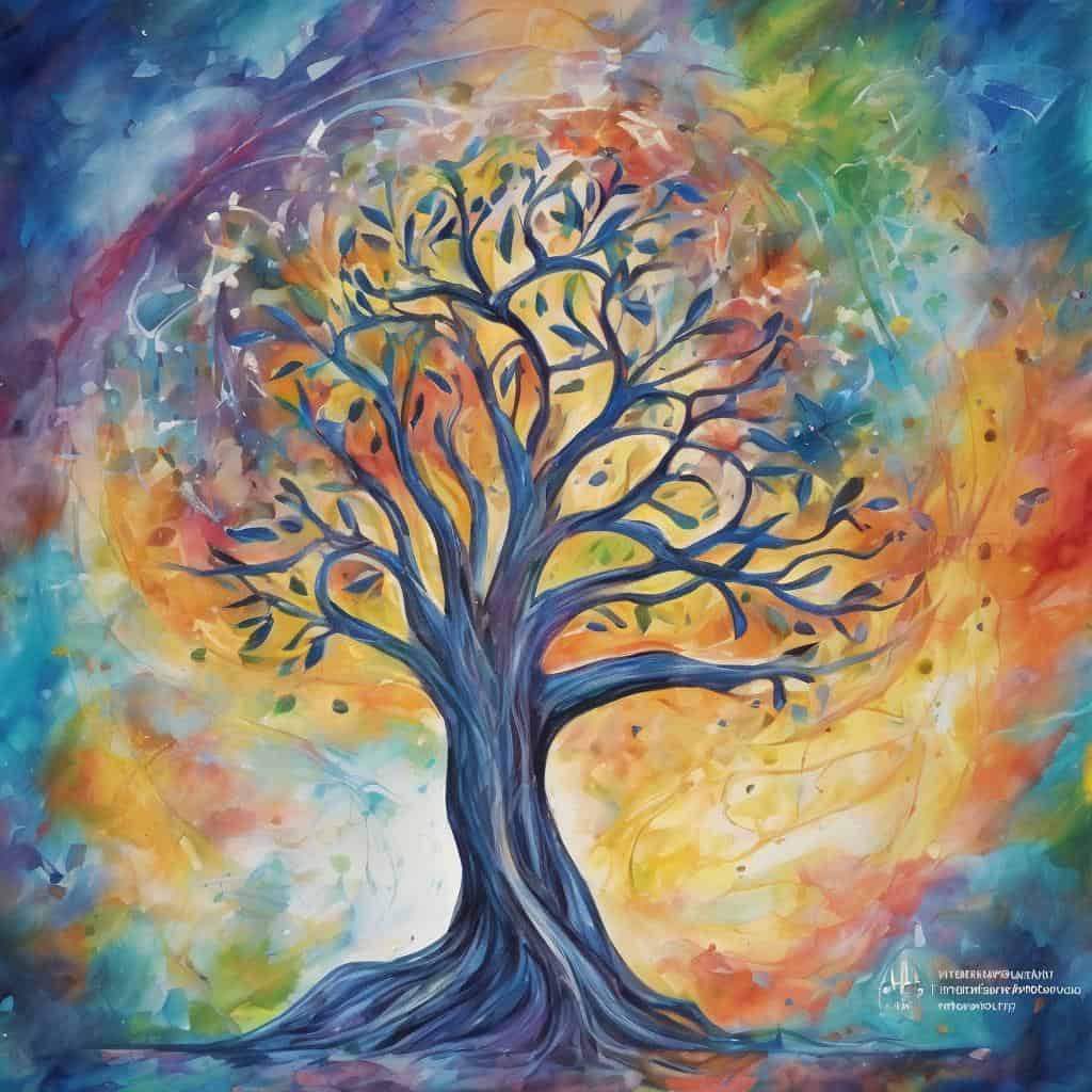 Ζωγραφιά δέντρο με πολύχρωμα φύλλα και φόντο σε απαλές αποχρώσεις.